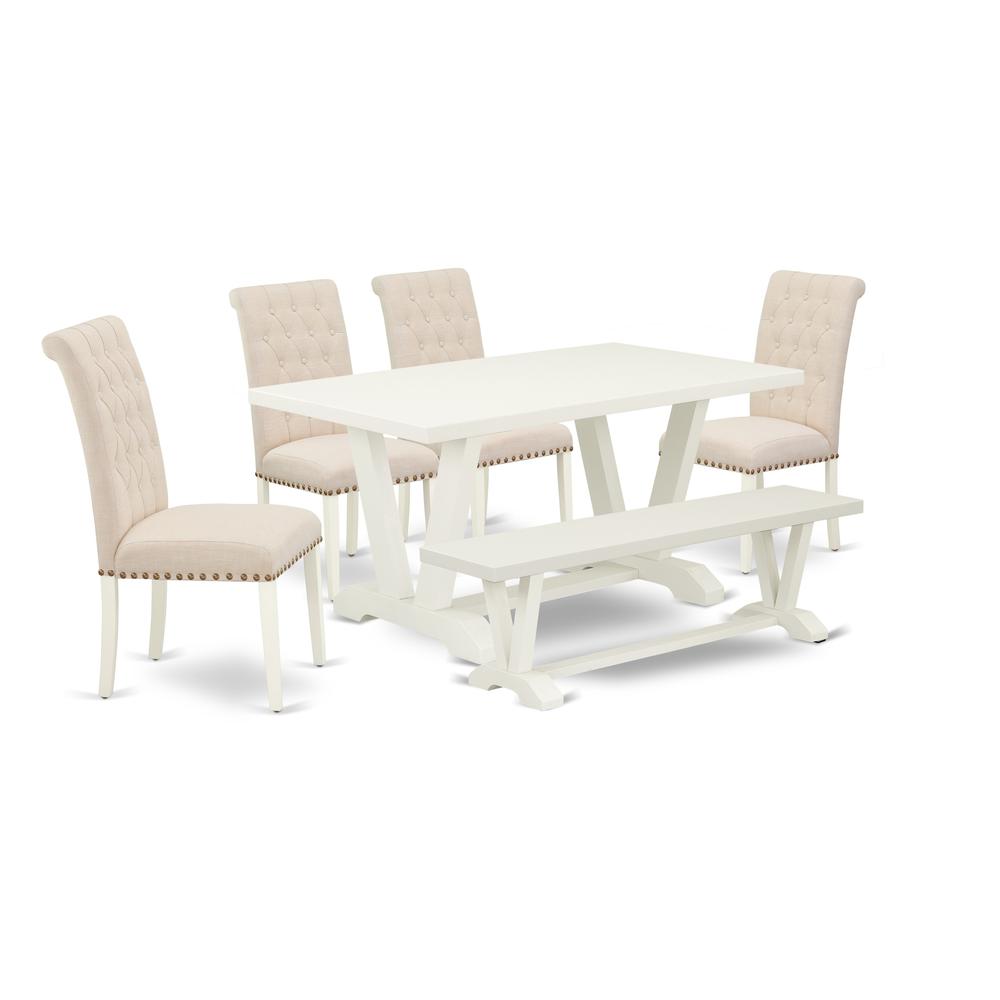 East West Furniture 6-Pc Wooden Dining Table Set-Light Beige Linen Fabric Seat and Button Tufted Chair Back Dining chairs, a Rectangular Bench and Rectangular Top Mid Century Dining Table with Wood Le. Picture 1