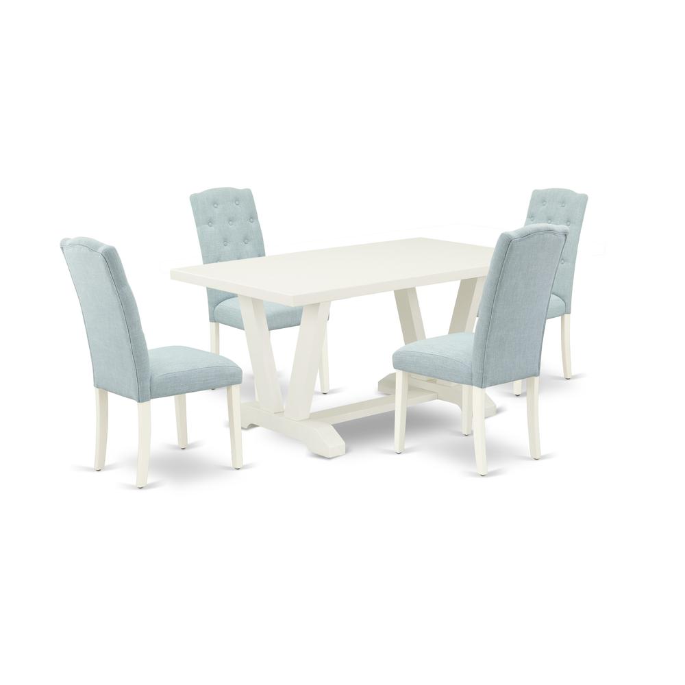 East West Furniture 5-Pc Dining Room Table Set- 4 Parson Chairs with Baby Blue Linen Fabric Seat and Button Tufted Chair Back - Rectangular Table Top & Wooden Legs - Linen White Finish. Picture 1