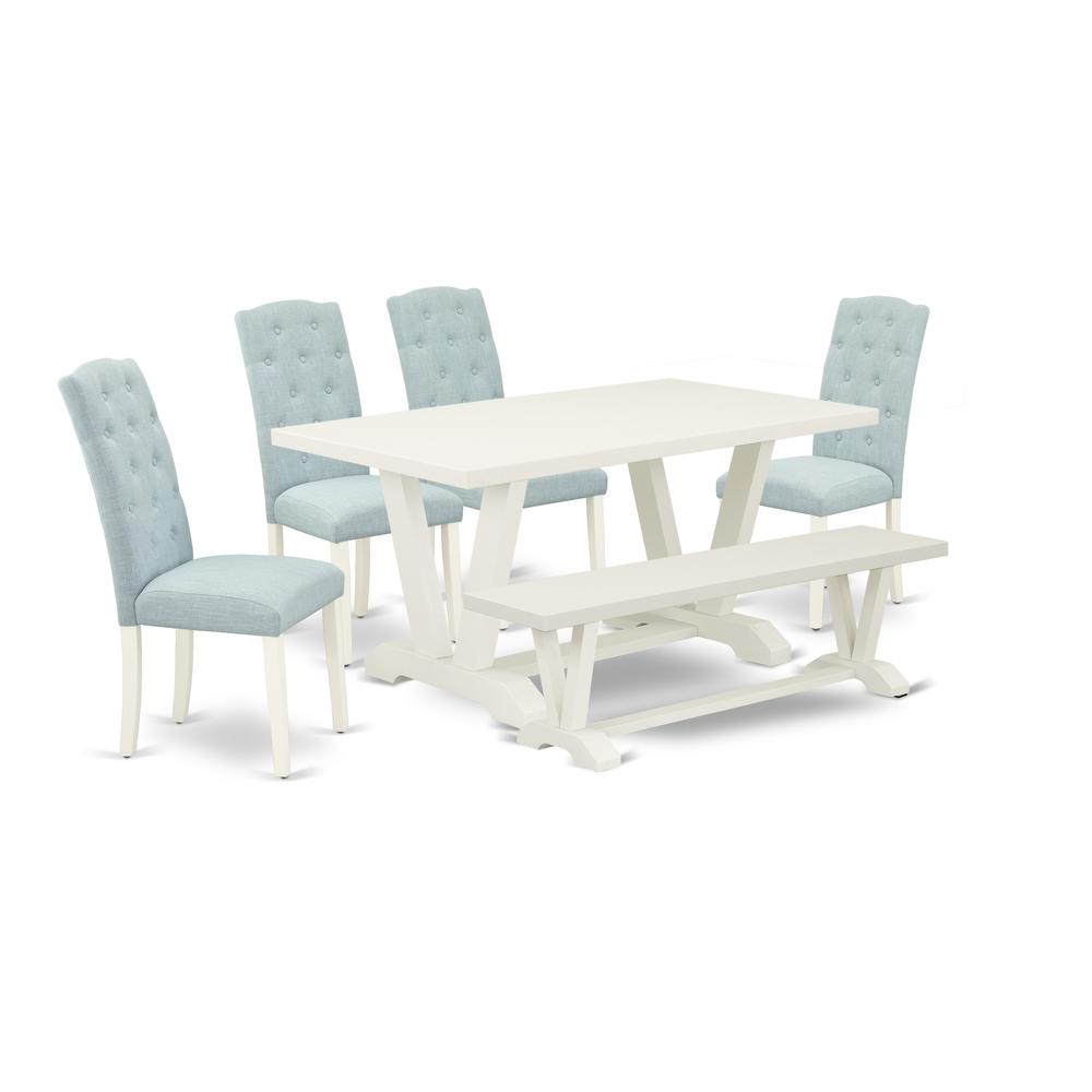 East West Furniture 6-Pc Dining Room Set- 4 Padded Parson Chairs with Baby Blue Linen Fabric Seat and Button Tufted Chair Back - Rectangular Top & Wooden Legs Dining Room Table and Kitchen Bench - Lin. Picture 1