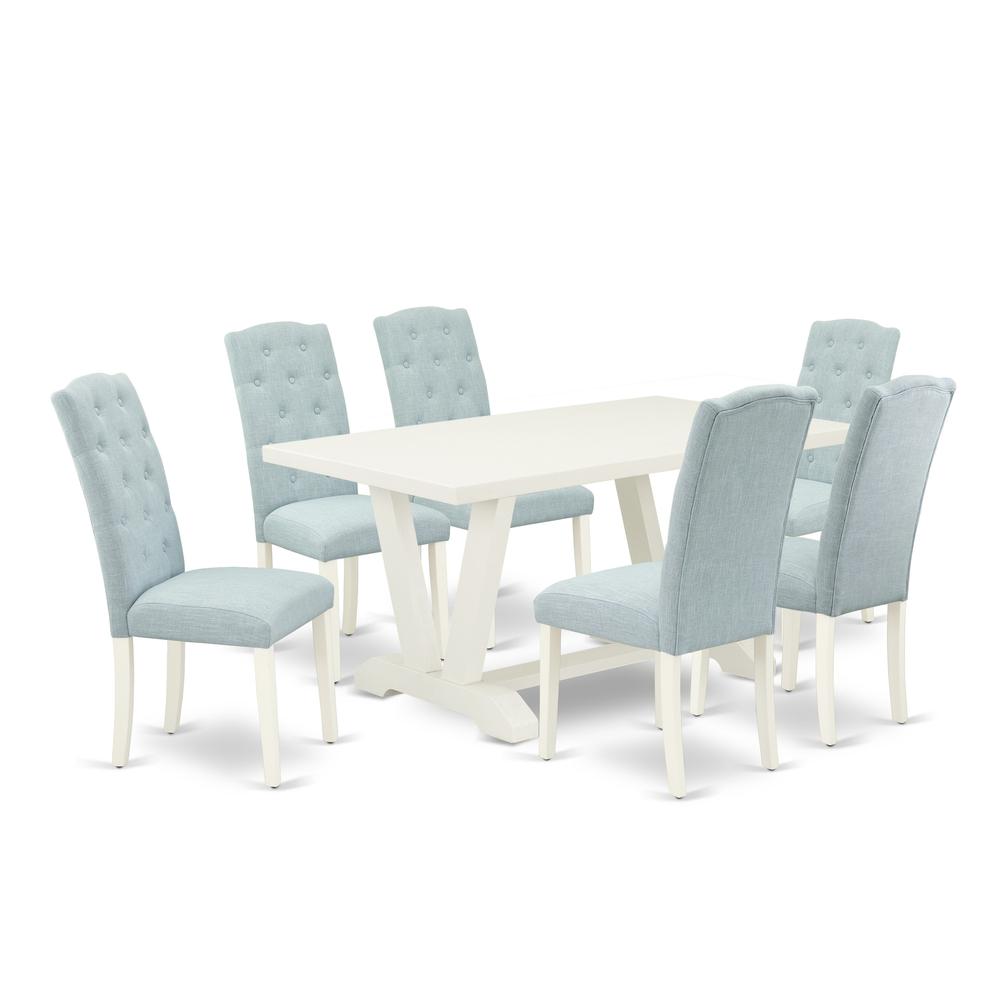 East West Furniture 7-Piece Dining Table Set- 6 Kitchen Chairs with Baby Blue Linen Fabric Seat and Button Tufted Chair Back - Rectangular Table Top & Wooden Legs - Linen White and Linen White Finish. Picture 1