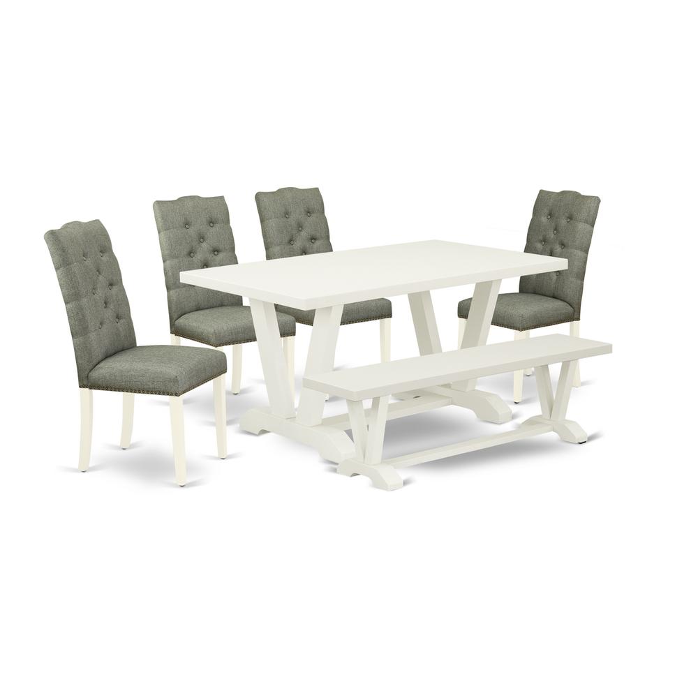 East West Furniture 6-Pc Dinette Table Set-Smoke Color Linen Fabric Seat and Button Tufted Chair Back Parson Dining chairs, A Rectangular Bench and Rectangular Top Dining room Table with Solid Wood Le. Picture 1