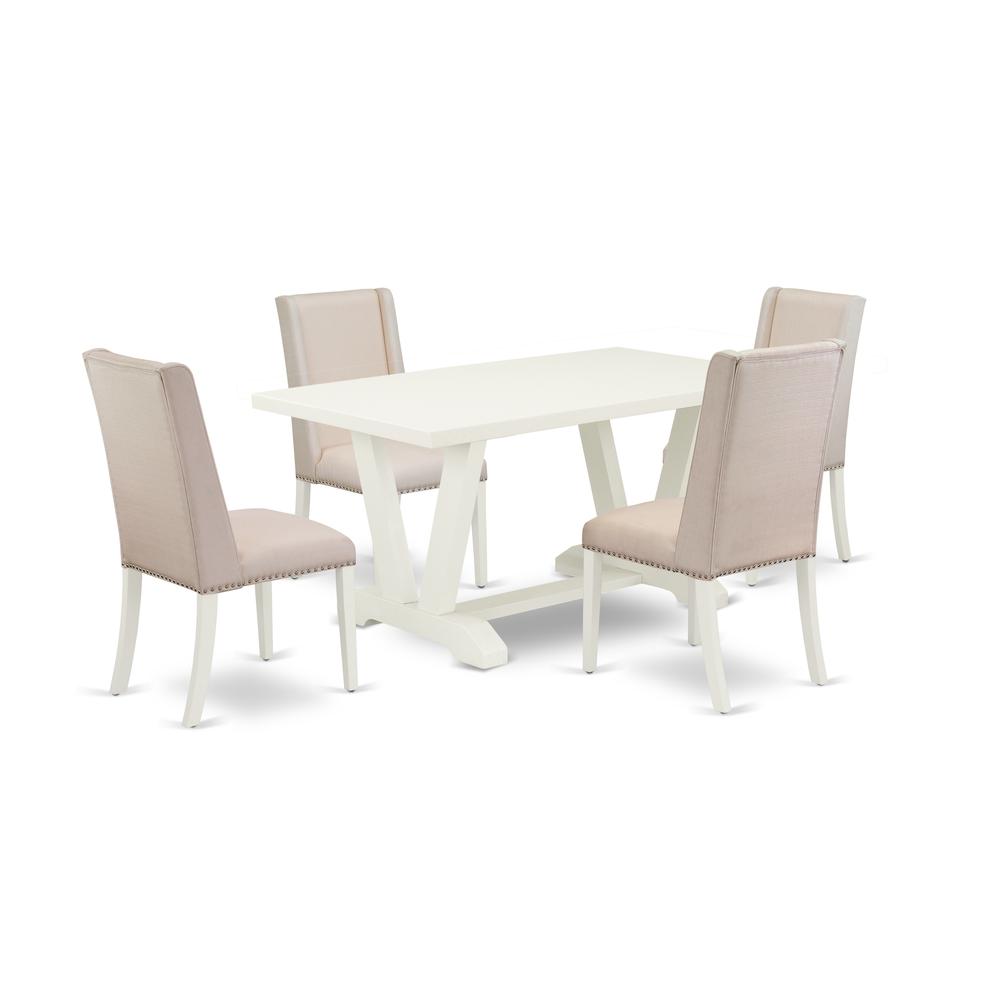 East West Furniture 5-Piece Modern Dining Table Set Included 4 Kitchen Dining chairs Upholstered Nails Head Seat and Stylish Chair Back and Rectangular Table with Linen White Table Top - Linen White F. Picture 1