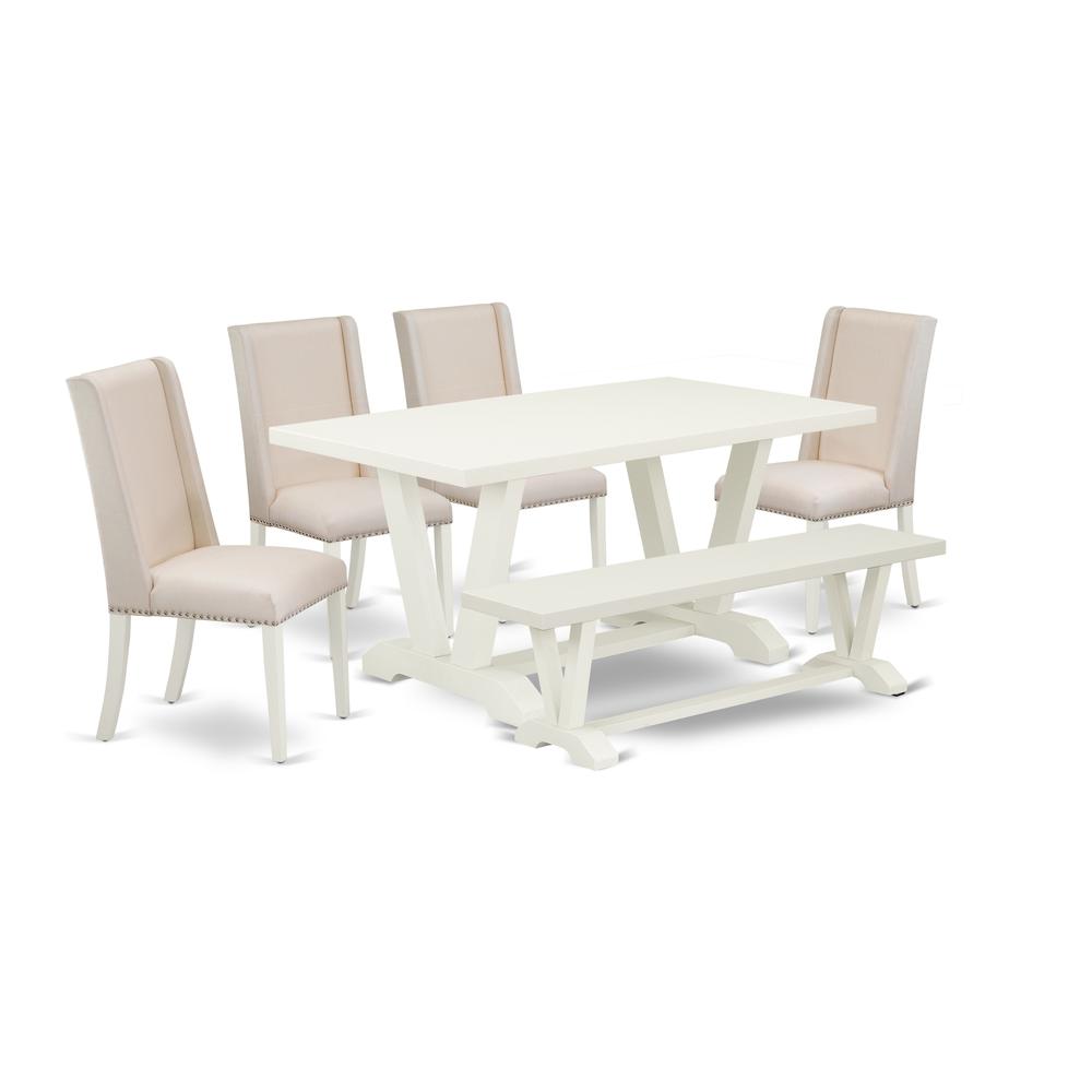 East West Furniture 6-Piece Dinette Set-Cream Color Linen Fabric Seat and High Stylish Chair Back Kitchen chairs, a Rectangular Bench and Rectangular Top Kitchen Table with Solid Wood Legs - Linen Whi. Picture 1