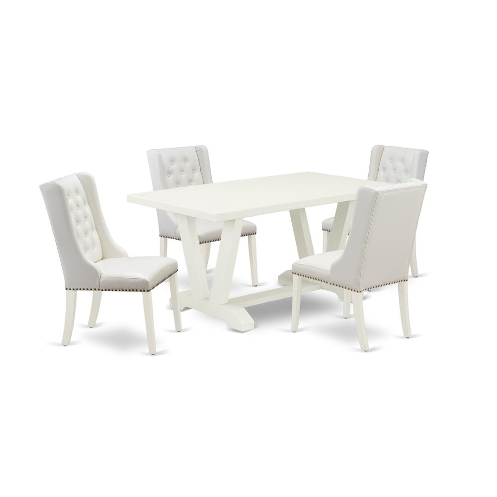 East West Furniture V026FO244-5 5-Piece Dining Table Set Consists of 4 White Pu Leather Kitchen Chair Button Tufted with Nailheads and Modern Dining Table - Linen White Finish. Picture 1