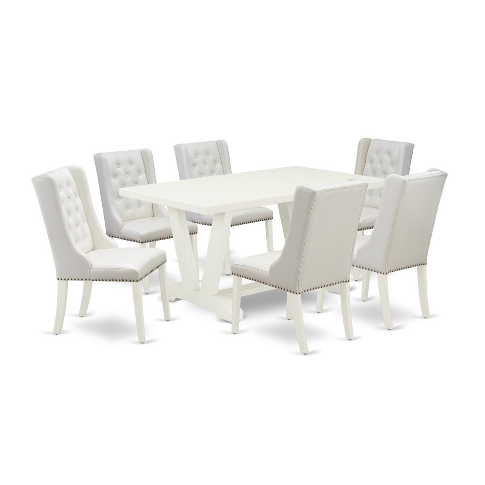 East West Furniture V026FO244-7 7-Pc Dining Table Set Contains 6 White Pu Leather Dining Room Chair Button Tufted with Nailheads and Dining Room Table - Linen White Finish. Picture 1