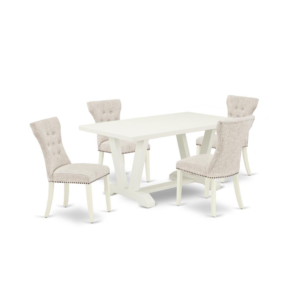 East West Furniture 5-Pc  Included 4 kitchen parson chairs Upholstered Nails Head Seat and High Button Tufted Chair Back and Rectangular Dining Table with Linen White Kitchen Dining Table Top - Linen. Picture 1
