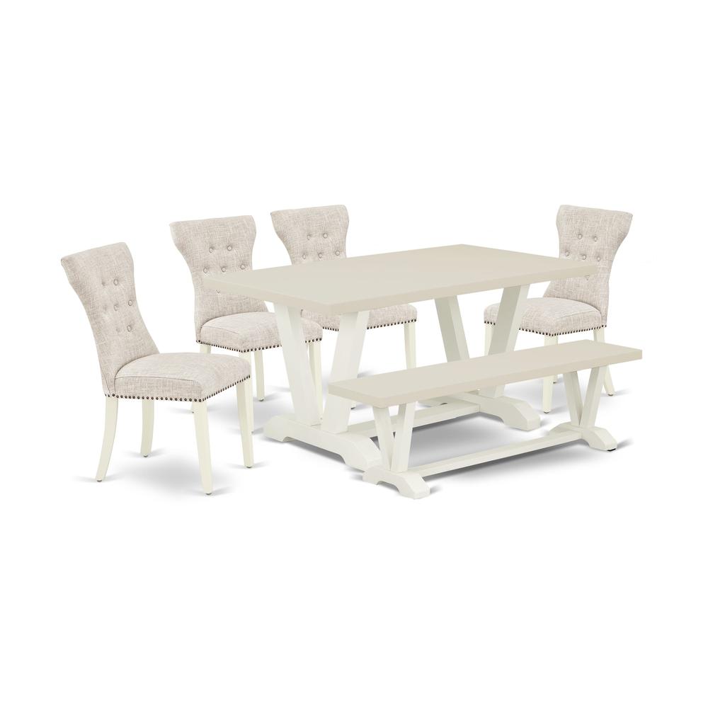 V026GA235-6 6-Piece Kitchen Dinette Set-Doeskin Linen Fabric Seat and Button Tufted Chair Back Parson dining room chairs, A Rectangular Bench and Rectangular top Kitchen Table with Wooden Legs - Linen. Picture 2