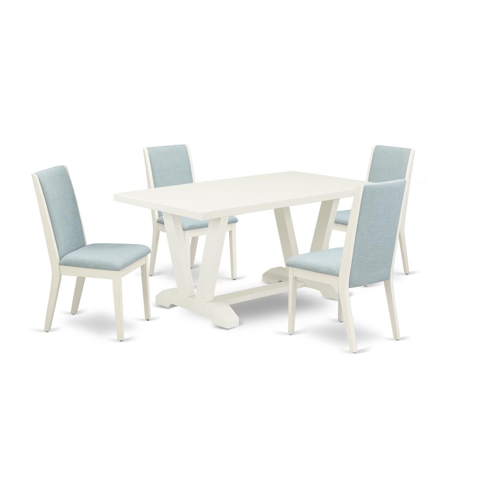 East West Furniture V026LA015-5 5Pc Kitchen Table Set Includes a Wood Table and 4 Parson Dining Chairs with Baby Blue Color Linen Fabric, Medium Size Table with Full Back Chairs, Wirebrushed Linen Whi. Picture 1