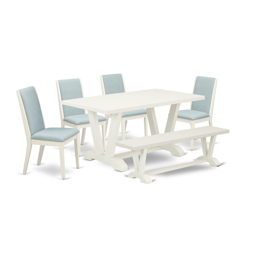 East West Furniture V026LA015-6 6Pc Kitchen Set Includes a Wood Dining Table, 4 Parson Chairs with Baby Blue Color Linen Fabric and a Bench, Medium Size Table with Full Back Chairs, Wirebrushed Linen. Picture 1