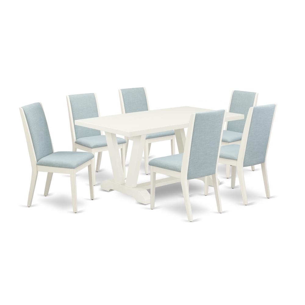 East West Furniture V026LA015-7 7Pc Wood Dining Table Set Contains a Wood Table and 6 Parsons Dining Room Chairs with Baby Blue Color Linen Fabric, Medium Size Table with Full Back Chairs, Wirebrushed. Picture 1