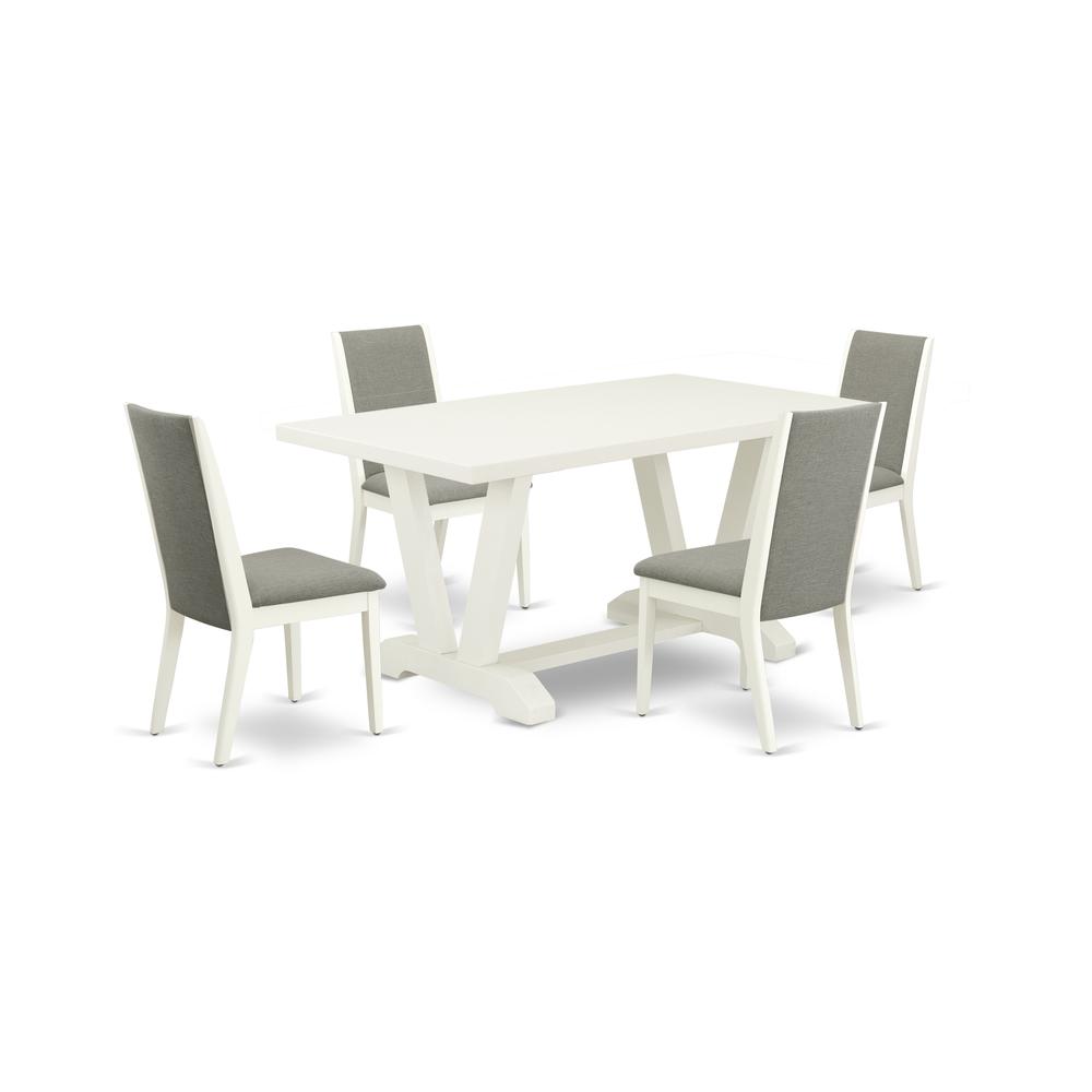 East West Furniture V026LA206-5 5-Piece Fashionable Dining Room Set a Superb Linen White dining table Top and 4 Lovely Linen Fabric Dining Chairs with Stylish Chair Back, Linen White Finish. Picture 1
