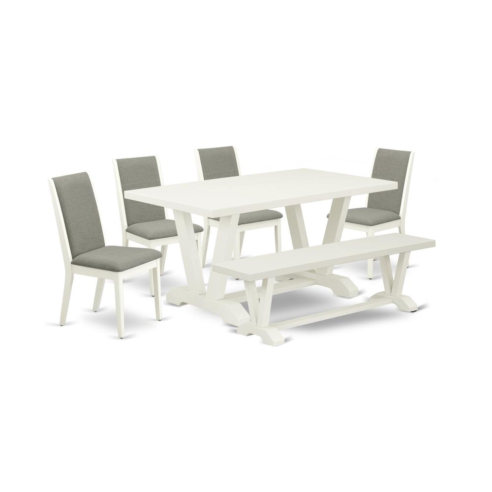 East West Furniture V026LA206-6 6-Piece Stylish Modern Dining Table Set an Outstanding Linen White Dining Room Table Top and Linen White Wooden Bench Indoor and 4 Awesome Linen Fabric Padded Chairs wi. Picture 1