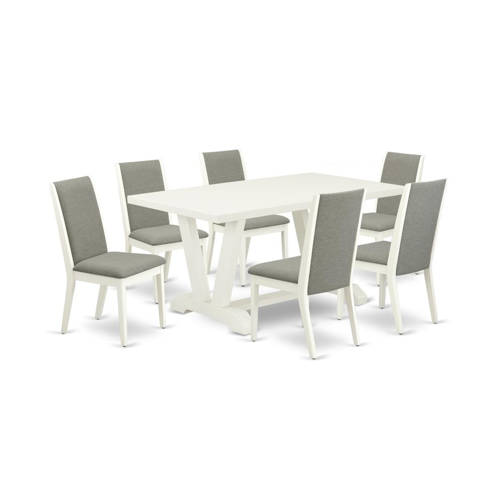 East West Furniture V026LA206-7 7-Piece Fashionable Dinette Set an Excellent Linen White Dining Room Table Top and 6 Excellent Linen Fabric Dining Room Chairs with Stylish Chair Back, Linen White Fini. Picture 1