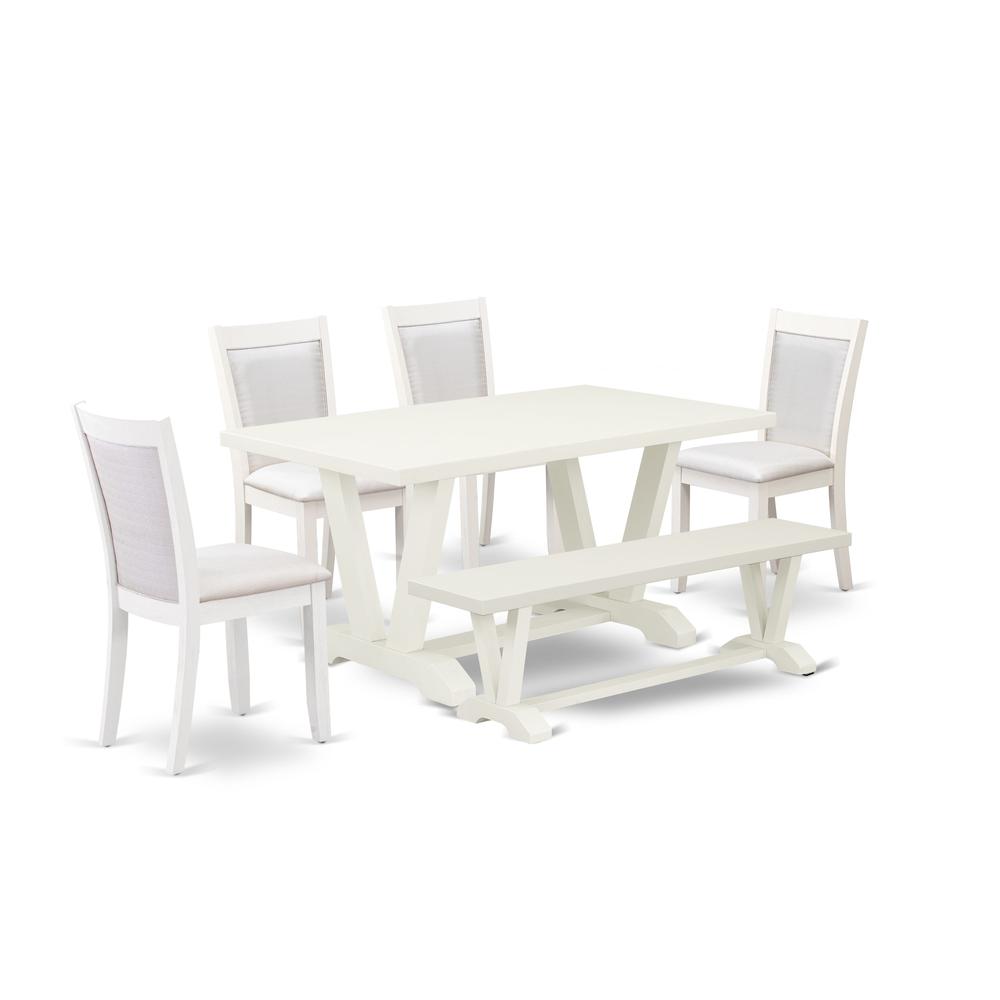 V026MZ001-6 6-Pc Table Set Contains a Dining Table - 4 Cream Dining Chairs and a Wood Bench - Wire Brushed Linen White Finish. Picture 2
