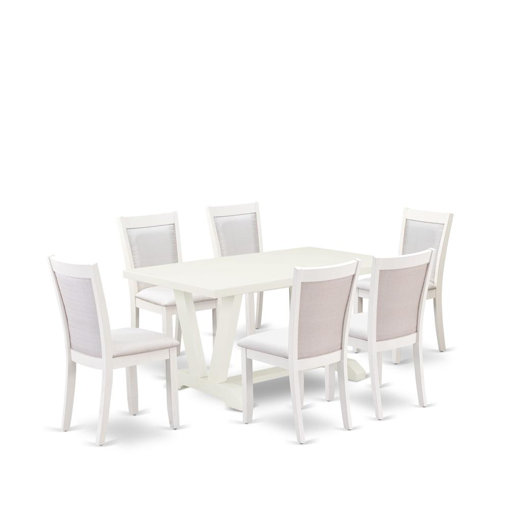 V026MZ001-7 7-Piece Kitchen Dining Table Set Contains a Wooden Table and 6 Cream Dining Chairs - Wire Brushed Linen White Finish. Picture 2
