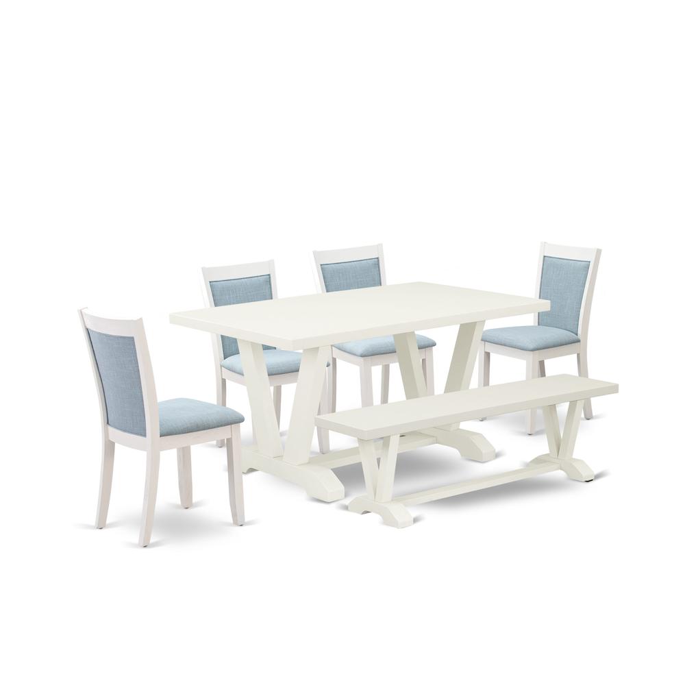V026MZ015-6 6-Pc Table Set Contains a Wood Table - 4 Baby Blue Parson Chairs and a Small Bench - Wire Brushed Linen White Finish. Picture 2