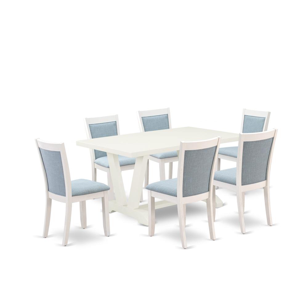 V026MZ015-7 7-Piece Modern Dining Set Contains a Dining Table and 6 Baby Blue Dining Chairs - Wire Brushed Linen White Finish. Picture 2