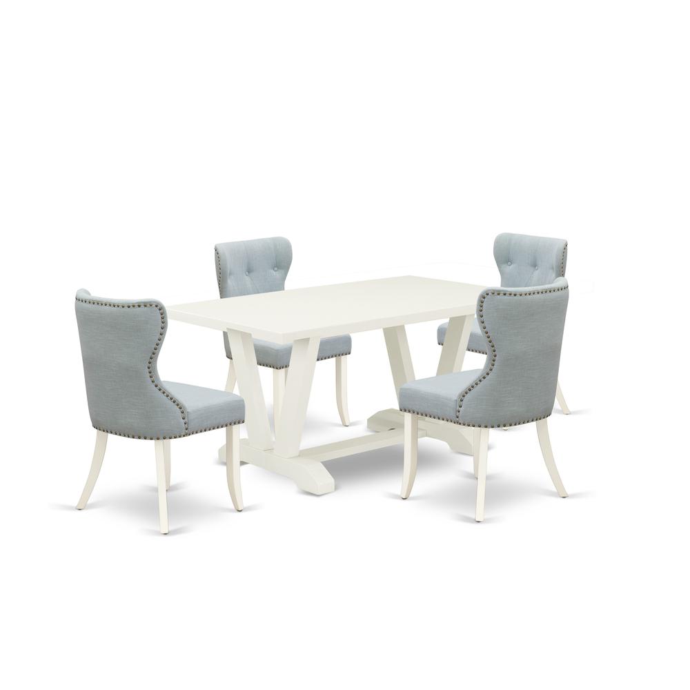 East West Furniture V026SI215-5 5-Piece Dining Room Table Set- 4 Parson Chairs with Baby Blue Linen Fabric Seat and Button Tufted Chair Back - Rectangular Table Top & Wooden Legs - Linen White Finish. Picture 1