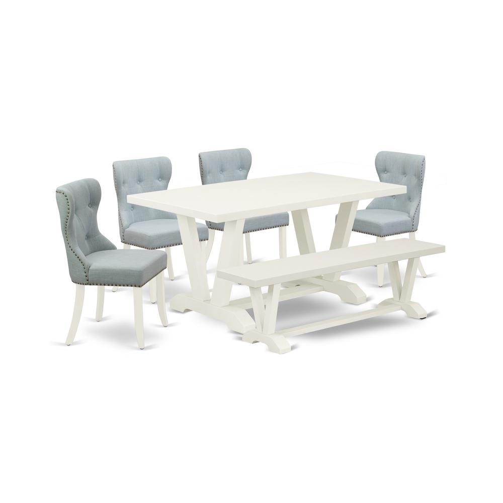 East West Furniture V026SI215-6 6-Piece Modern Dining Table Set- 4 Mid Century Dining Chairs with Baby Blue Linen Fabric Seat and Button Tufted Chair Back - Rectangular Top & Wooden Legs Kitchen Table. Picture 1