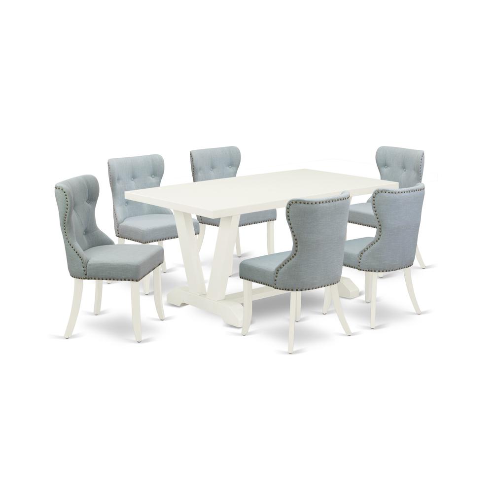 East West Furniture V026SI215-7 7-Pc Modern Dining Set- 6 Upholstered Dining Chairs with Baby Blue Linen Fabric Seat and Button Tufted Chair Back - Rectangular Table Top & Wooden Legs - Linen White Fi. Picture 1