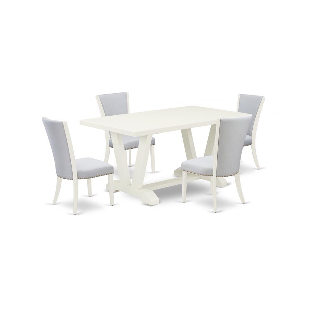 East West Furniture 5-Piece Kitchen Table Set Consists of 4 Dining Room Chairs with Upholstered Seat and Stylish Back-Rectangular Table - Cement and Wirebrushed Linen White Finish. Picture 1