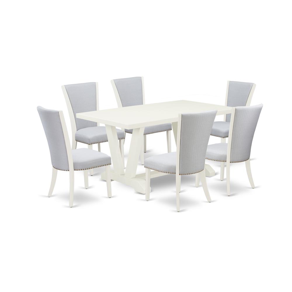 East West Furniture 7-Pc Dining Table Set Consists of 6 Modern Chairs with Upholstered Seat and Stylish Back-Rectangular Kitchen Dining Table - Linen White and Wirebrushed Linen White Finish. Picture 1