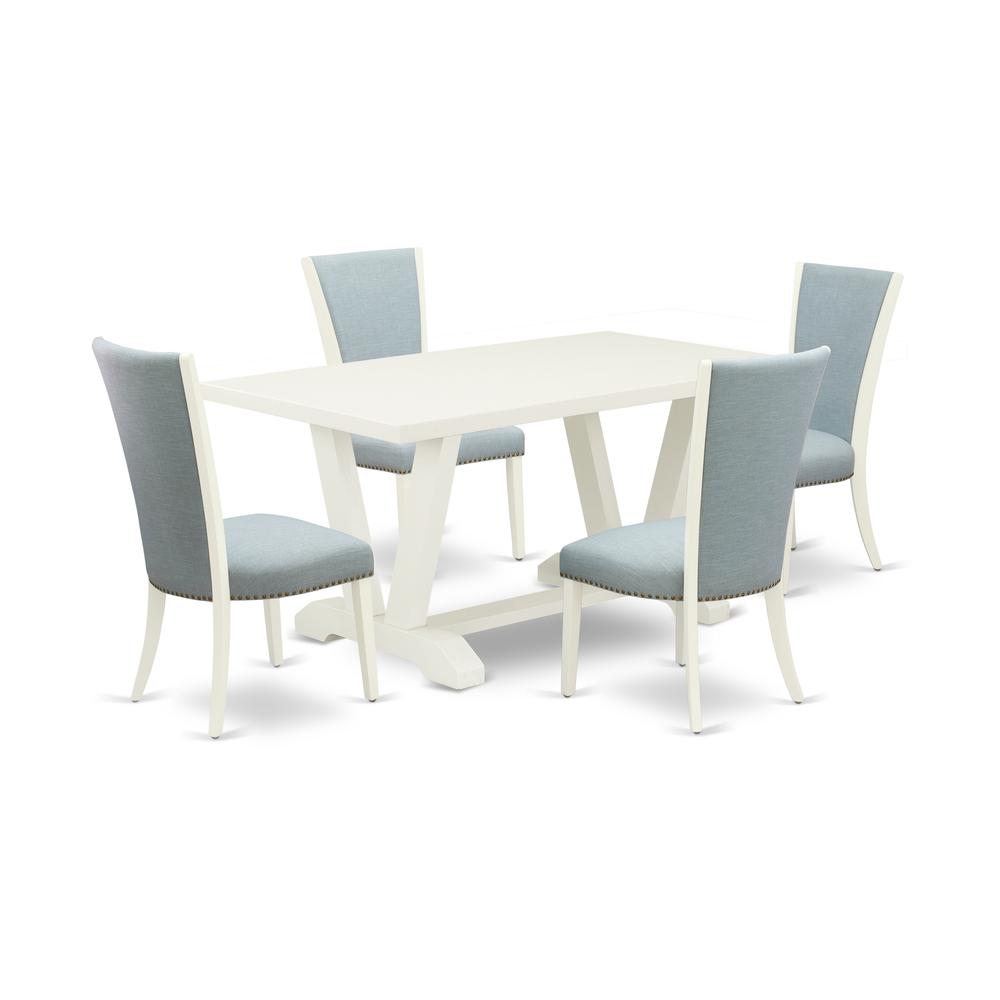 East West Furniture X096VE215-5 5 Piece Dining Room Table Set - 4 Baby Blue Linen Fabric Parson Chairs with Nailheads and Cement Wooden Dining Room Table - Linen White Finish. Picture 1