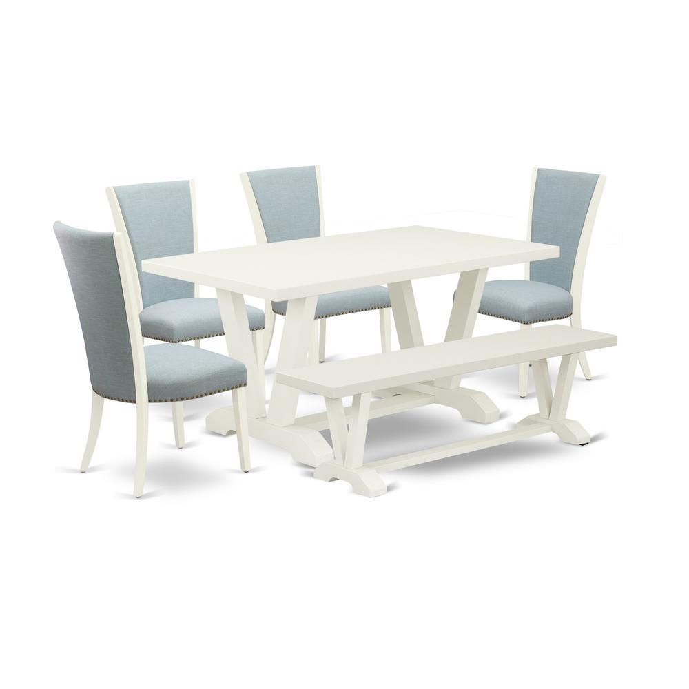 East West Furniture V026VE215-6 6 Piece Dining Room Table Set - 4 Baby Blue Linen Fabric Dining Chair with Nailheads and Linen White Dinner Table - 1 Kitchen Bench - Linen White Finish. Picture 1