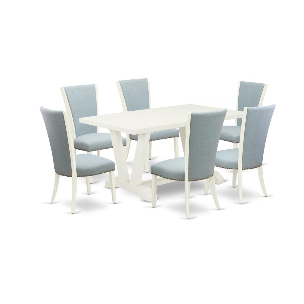 East West Furniture V026VE215-7 7 Piece Dining Room Table Set - 6 Baby Blue Linen Fabric Dinning Room Chairs with Nailheads and Linen White Dining Room Table - Linen White Finish. Picture 1