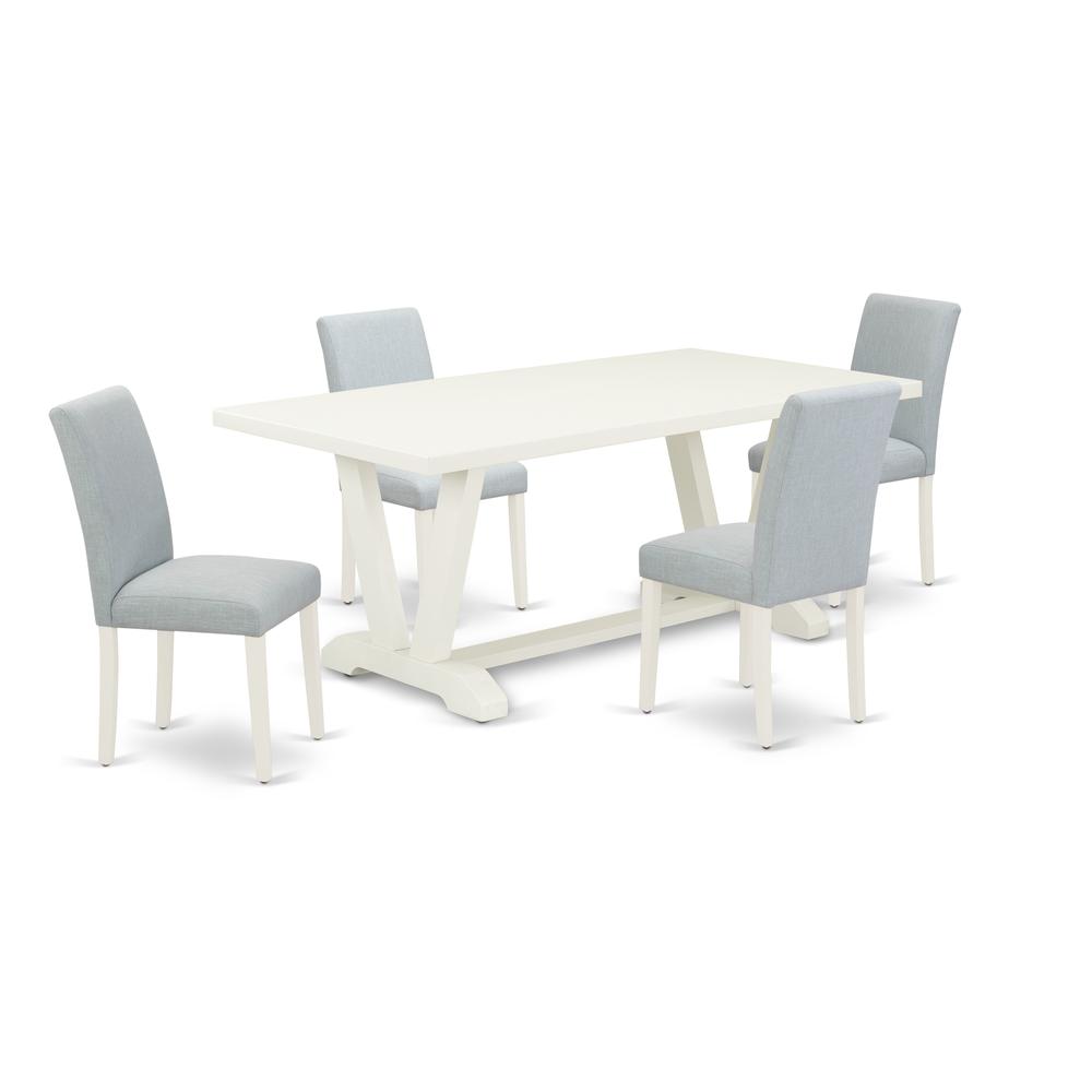 East West Furniture 5-Piece Modern Dining Table Set Includes 4 Parson dining chairs with Upholstered Seat and High Back and a Rectangular Kitchen Table - Linen White Finish. Picture 1