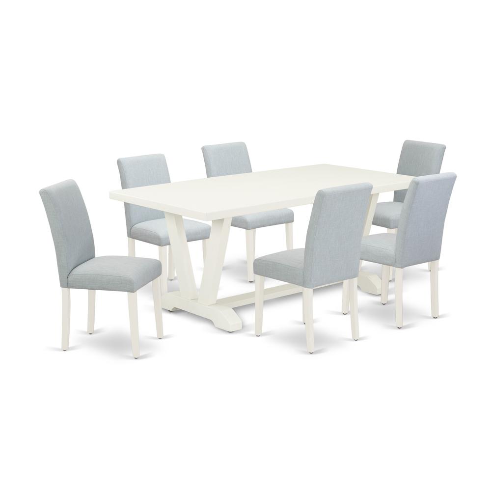 East West Furniture 7-Piece Dining Room Set Includes 6 Modern Chairs with Upholstered Seat and High Back and a Rectangular Dining Table - Linen White Finish. Picture 1