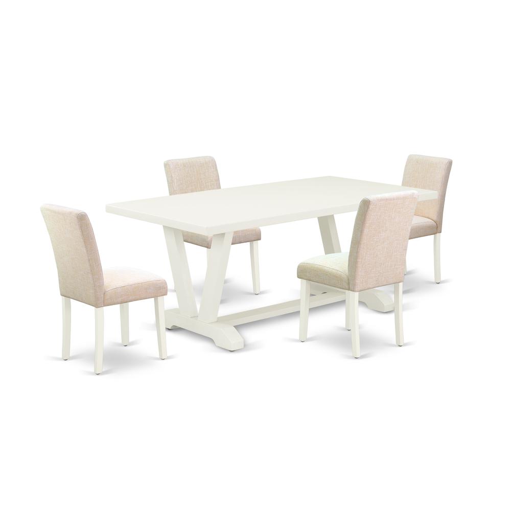 East West Furniture 5-Piece Mid Century Dining Table Set Included 4 Padded Parson Chairs Upholstered Seat and Stylish Chair Back and Rectangular Wood Table with Linen White Table Top - Linen White Fin. Picture 1