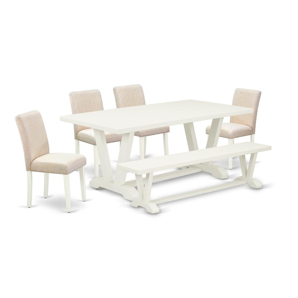 East West Furniture 6-Pc Kitchen Dining Table Set-Light Beige Linen Fabric Seat and High Stylish Chair Back Parson chairs, a Rectangular Bench and Rectangular Top dining table with Wooden Legs - Linen. Picture 1