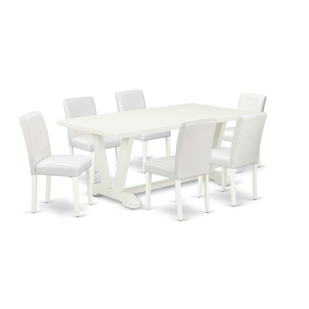 East West Furniture V027AB264-7 7-Piece Beautiful Sining Room Set an Excellent Linen White rectangular Table Top and 6 Amazing Pu Leather Dining Chairs with Stylish Chair Back, Linen White Finish. Picture 1