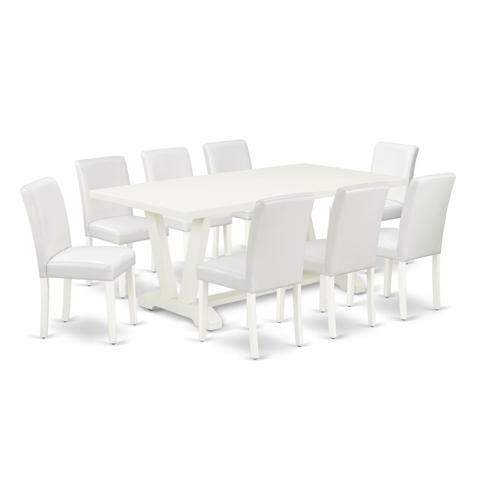 East West Furniture V027AB264-9 9-Piece Fashionable Dining Set an Outstanding Linen White Rectangular Table Top and 8 Gorgeous Pu Leather Dining Room Chairs with Stylish Chair Back, Linen White Finish. Picture 1