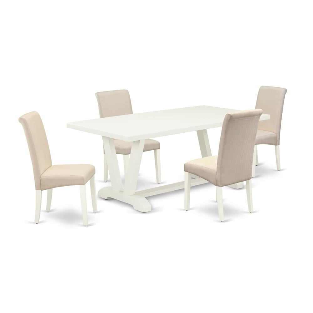 East West Furniture 5-Pc Modern Dining Table Set Included 4 Dining room chairs Upholstered Nails Head Seat and Stylish Chair Back and Rectangular Table with Linen White Kitchen Table Top - Linen White. Picture 1