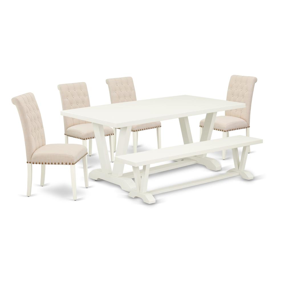 East West Furniture 6-Pc Dinette Set-Light Beige Linen Fabric Seat and Button Tufted Chair Back Parson chairs, A Rectangular Bench and Rectangular Top Kitchen Dining Table with Hardwood Legs - Linen W. The main picture.