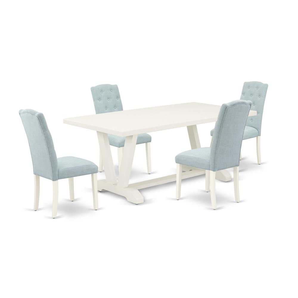 East West Furniture 5-Pc Dining Table Set- 4 Dining Padded Chairs with Baby Blue Linen Fabric Seat and Button Tufted Chair Back - Rectangular Table Top & Wooden Legs - Linen White Finish. Picture 1