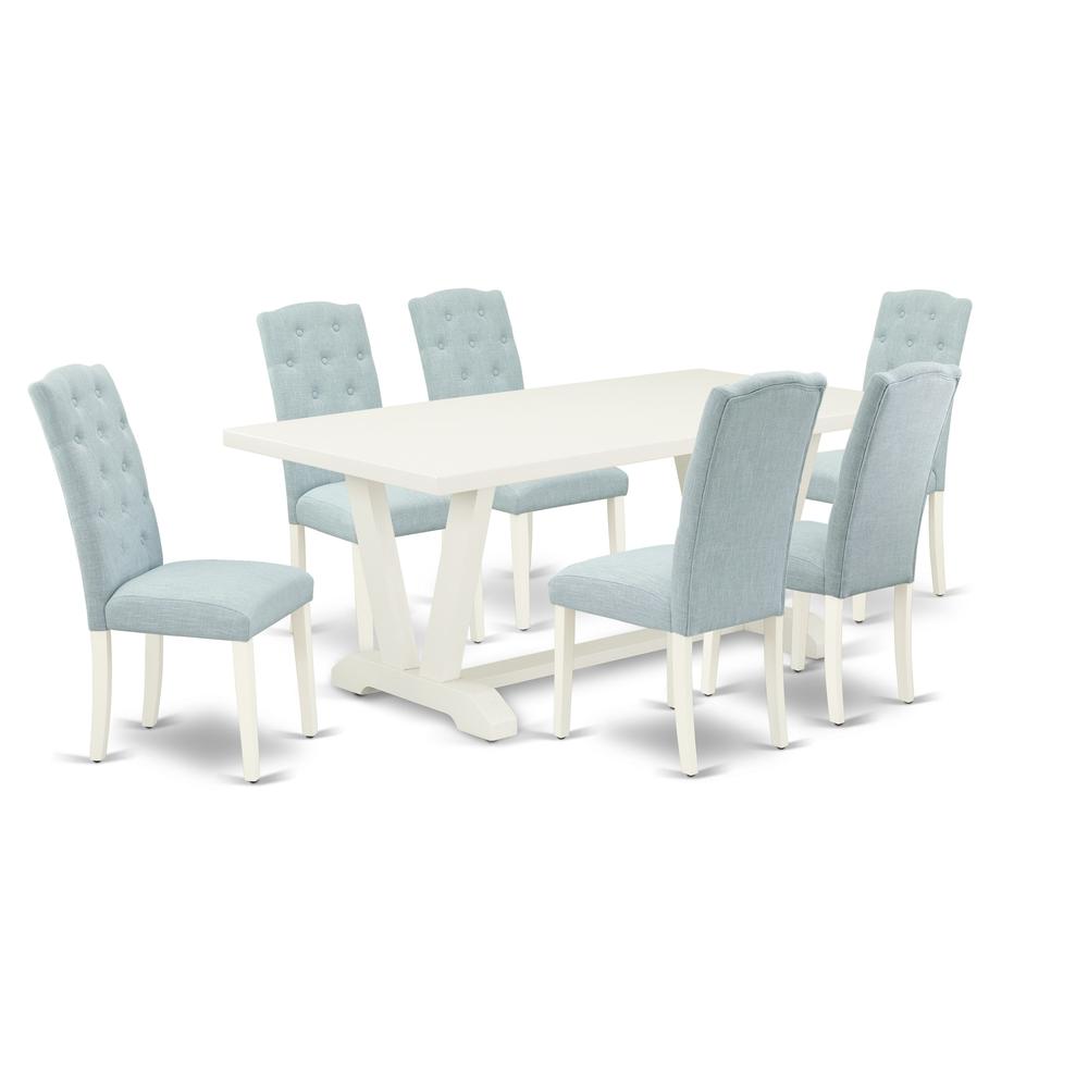 East West Furniture 7-Piece Kitchen Dining Set- 6 Parson Dining Chairs with Baby Blue Linen Fabric Seat and Button Tufted Chair Back - Rectangular Table Top & Wooden Legs - Linen White and Linen White. Picture 1