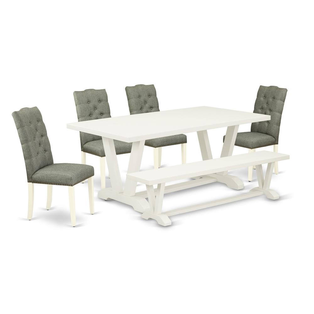 East West Furniture 6-Piece Dining Room Set- 4 Parson Chairs with Smoke Linen Fabric Seat and Button Tufted Chair Back - Rectangular Top & Wooden Legs Wood Kitchen Table and Wood Bench - Linen White F. Picture 1