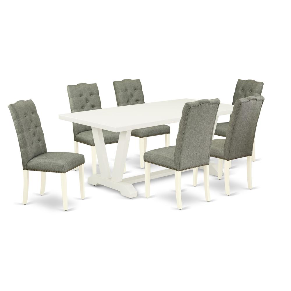 East West Furniture 7-Pc Modern Dining Table Set- 6 Parson Chairs with Smoke Linen Fabric Seat and Button Tufted Chair Back - Rectangular Table Top & Wooden Legs - Linen White Finish. Picture 1