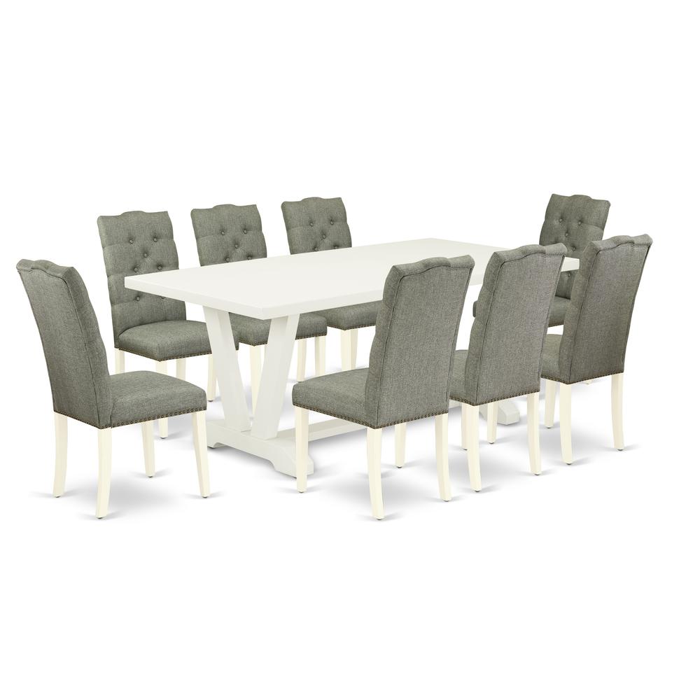 East West Furniture 9-Pc Dining Table Set- 8 Dining Room Chairs with Smoke Linen Fabric Seat and Button Tufted Chair Back - Rectangular Table Top & Wooden Legs - Linen White Finish. Picture 1