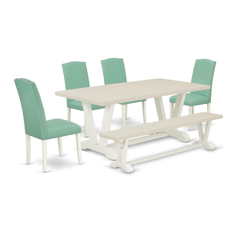 East West Furniture 6 Piece Table Set Consists of a Linen White Wooden Table and a Wooden Dining Bench, 4 Pond PU Leather Dinning Chairs with High Back - Wire Brushed Linen White Finish. Picture 2
