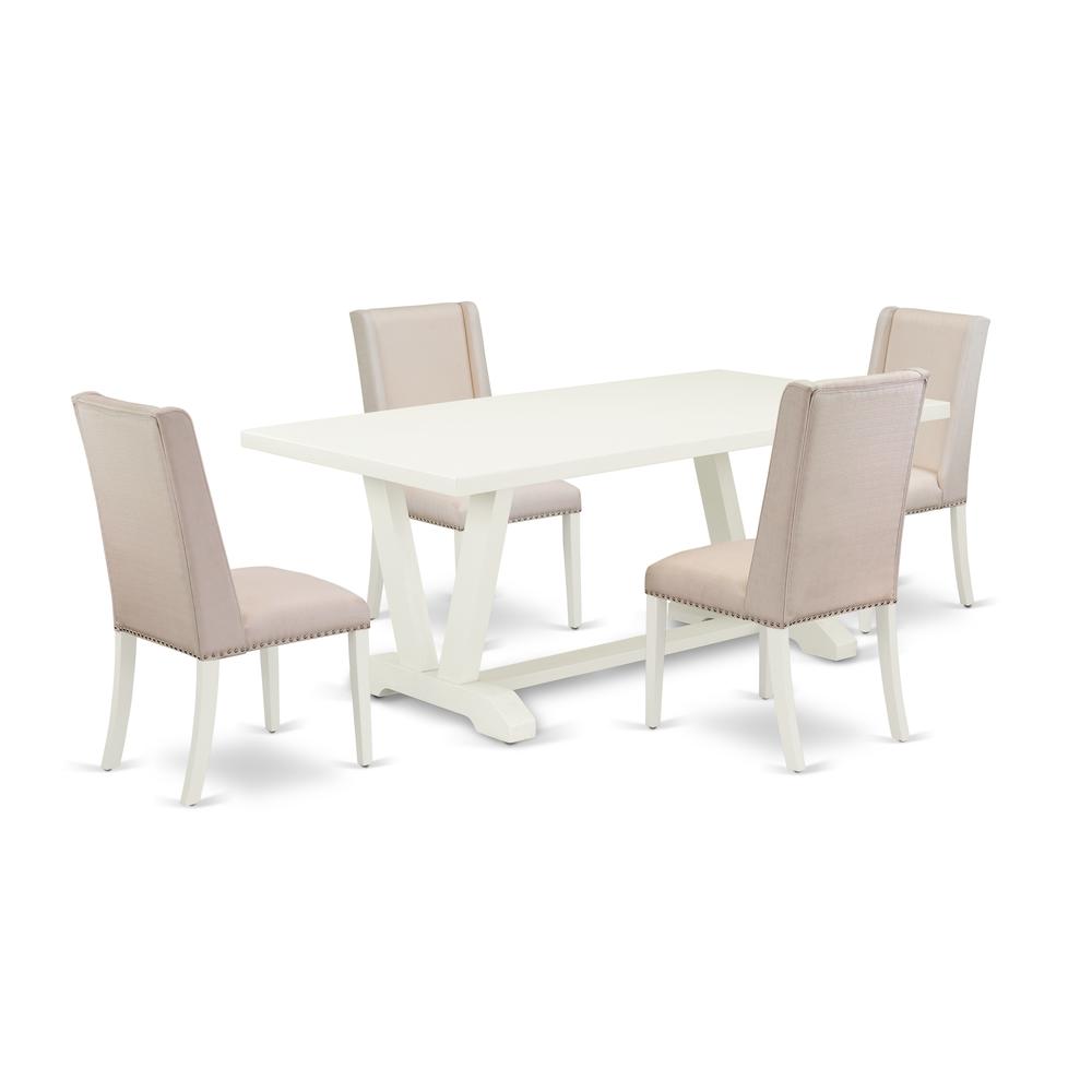 East West Furniture 5-Piece Beautiful Dining Room Set an Outstanding Linen White rectangular Table Top and 4 Amazing Linen Fabric Solid Wood Chairs Legs with Nail Heads and Stylish Chair Back, Linen W. Picture 1