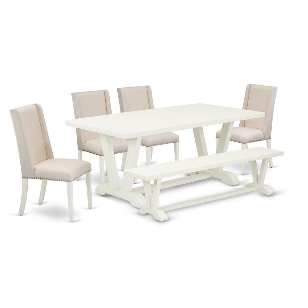 East West Furniture 6-Piece Awesome Dining Table Set a Great Linen White Kitchen Table Top and Linen White Dining Table Bench and 4 Lovely Linen Fabric Parson Chairs with Nail Heads and Stylish Chair. Picture 1