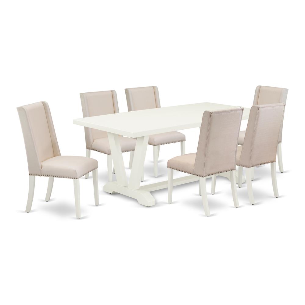 East West Furniture 7-Piece Beautiful Dining Room Table Set a Good Linen White Dining Table Top and 6 Awesome Linen Fabric Parson Dining Chairs with Nail Heads and Stylish Chair Back, Linen White Fini. Picture 1