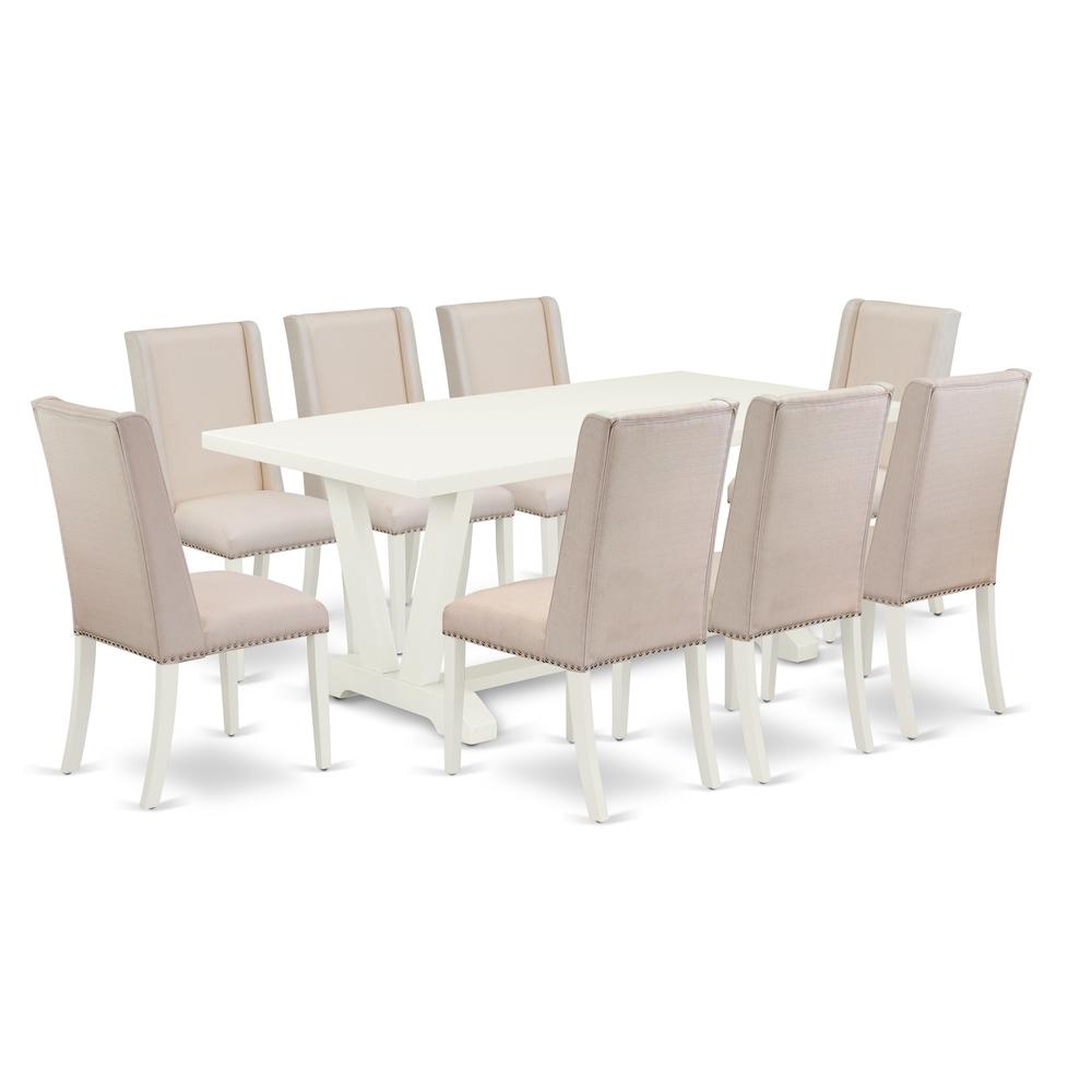 East West Furniture 9-Piece Modern Dinette Set a Great Linen White Dining Room Table Top and 8 Amazing Linen Fabric Dining Chairs with Nail Heads and Stylish Chair Back, Linen White Finish. Picture 1