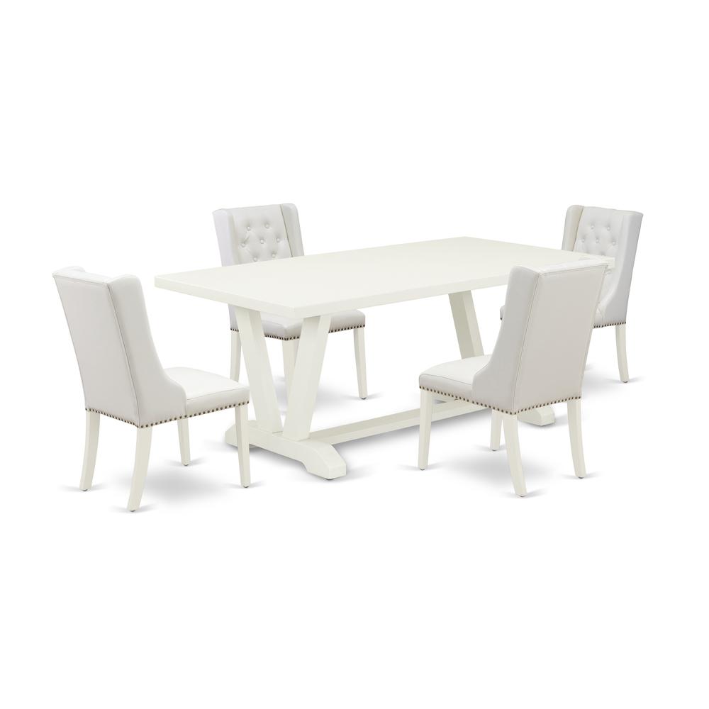 East West Furniture V027FO244-5 5-Piece Dining Table Set Consists of 4 White Pu Leather Mid Century Dining Chairs with Nailheads and Wooden Dining Table - Linen White Finish. Picture 1
