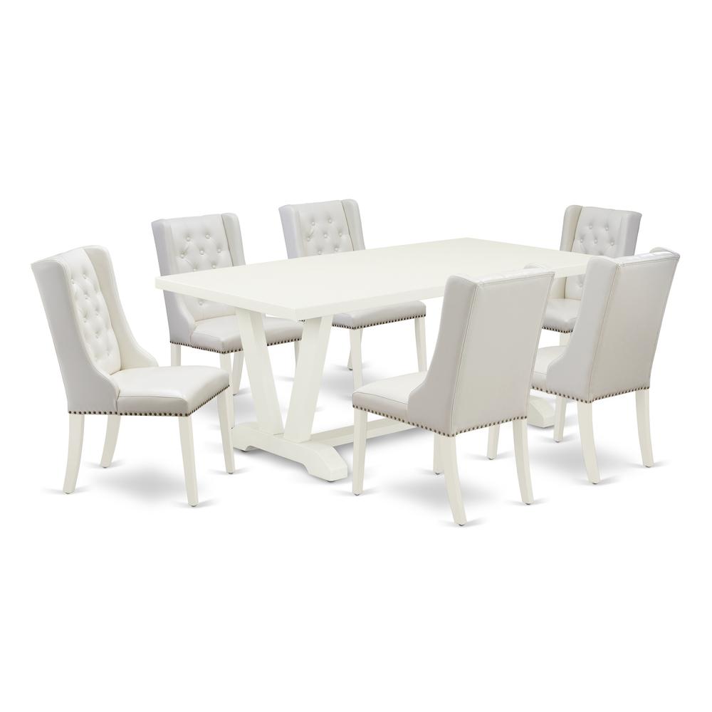 East West Furniture V027FO244-7 7-Pc Dining Set Contains 6 White Pu Leather Upholstered Dining Chairs Button Tufted with Nail heads and Modern Dining Room Table - Linen White Finish. The main picture.