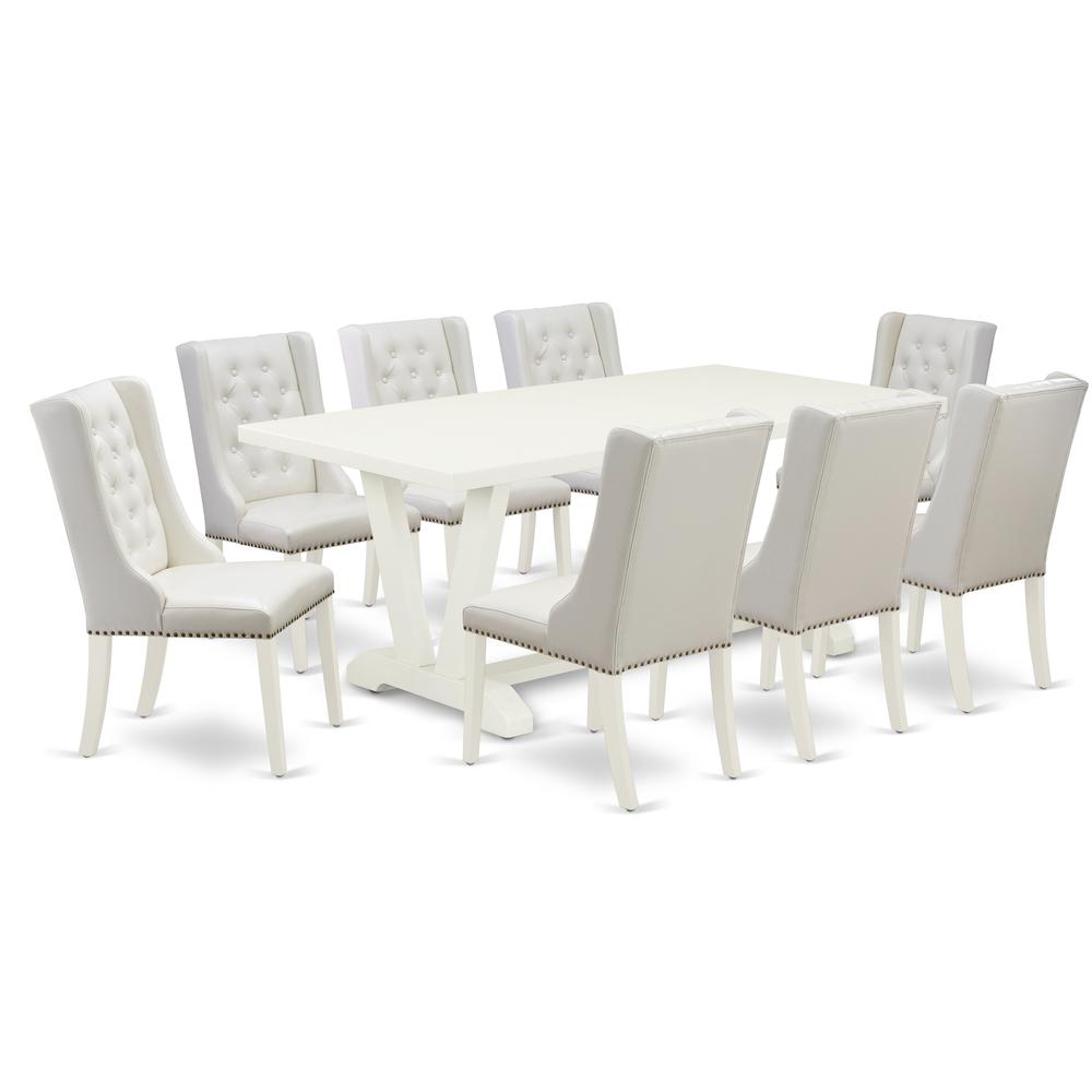 East West Furniture V027FO244-9 9-Pc Dining Room Table Set Consists of 8 Pu Leather Dining Chairs Button Tufted with Nail Heads and Wood Dining Table - Linen White Finish. Picture 1